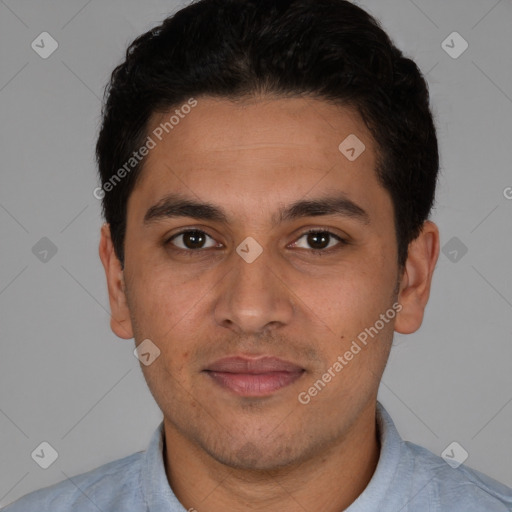 Joyful white young-adult male with short  black hair and brown eyes