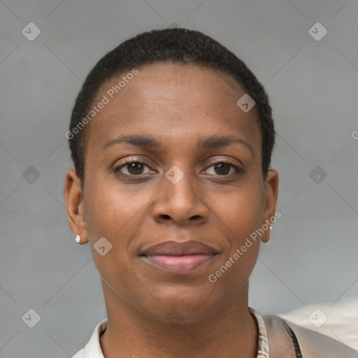 Joyful black young-adult female with short  brown hair and brown eyes