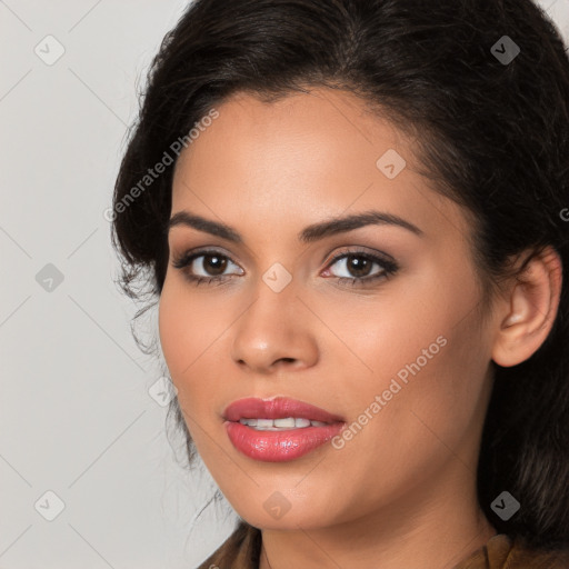 Joyful latino young-adult female with long  brown hair and brown eyes