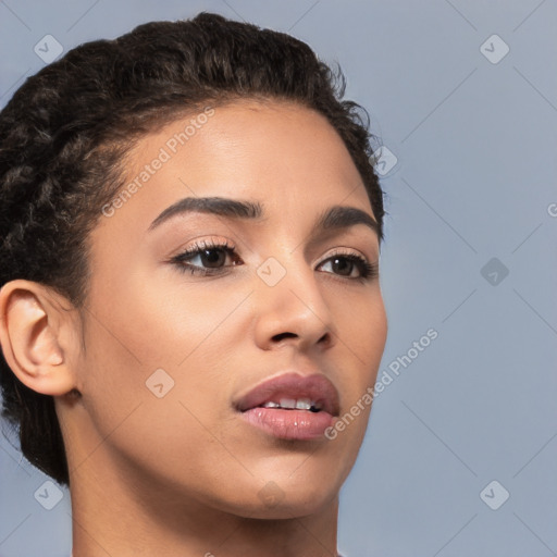 Neutral white young-adult female with short  brown hair and brown eyes