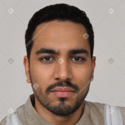 Neutral latino young-adult male with short  black hair and brown eyes