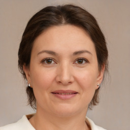 Joyful white adult female with medium  brown hair and brown eyes