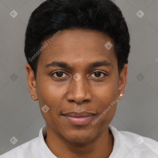 Joyful black young-adult male with short  black hair and brown eyes