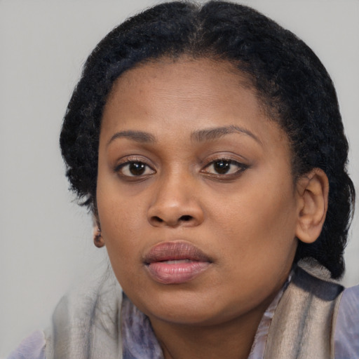 Neutral black young-adult female with medium  black hair and brown eyes
