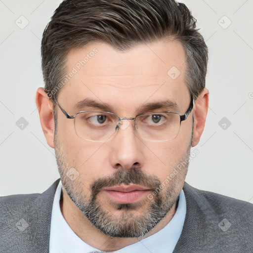 Neutral white adult male with short  brown hair and brown eyes