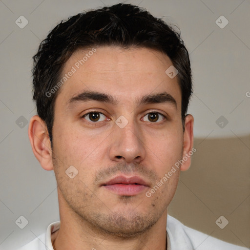 Neutral white young-adult male with short  brown hair and brown eyes