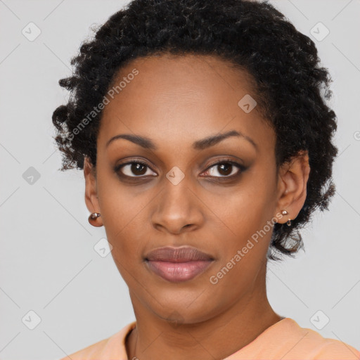 Neutral black young-adult female with short  black hair and brown eyes