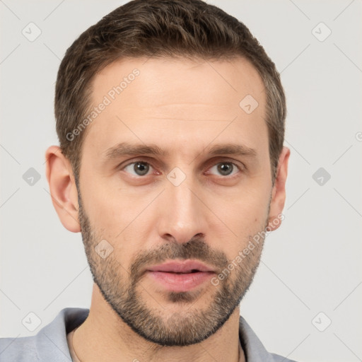 Neutral white young-adult male with short  brown hair and brown eyes