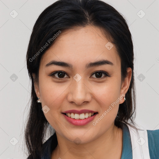 Joyful asian young-adult female with medium  brown hair and brown eyes