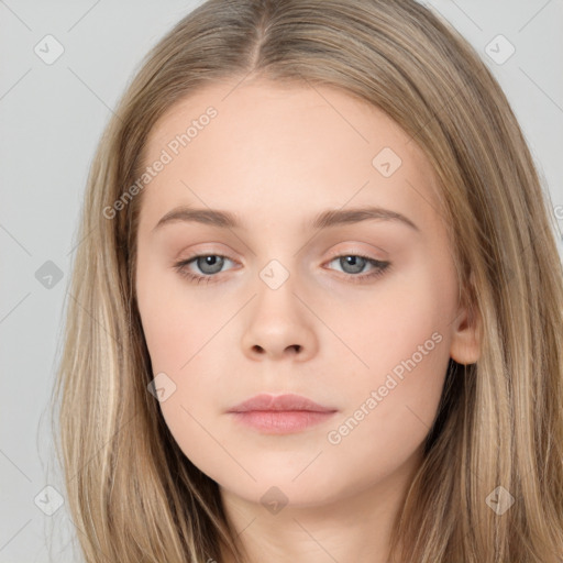 Neutral white young-adult female with long  brown hair and brown eyes