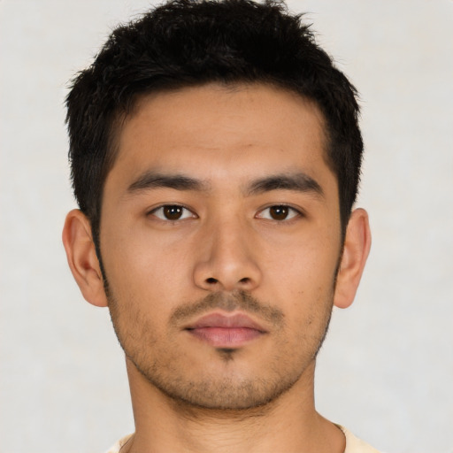 Neutral asian young-adult male with short  brown hair and brown eyes