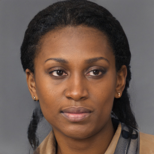 Neutral latino young-adult female with medium  brown hair and brown eyes