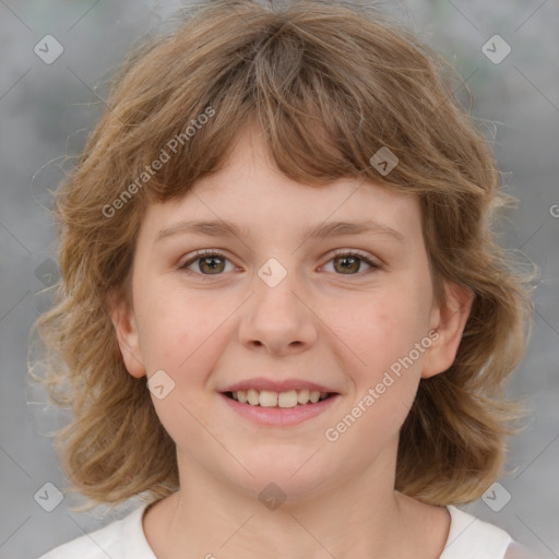 Joyful white child female with medium  brown hair and brown eyes