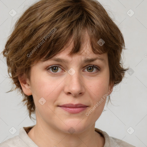 Joyful white young-adult female with medium  brown hair and green eyes