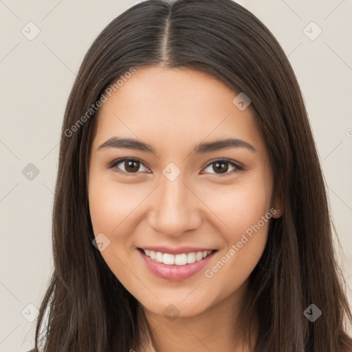 Joyful white young-adult female with long  brown hair and brown eyes