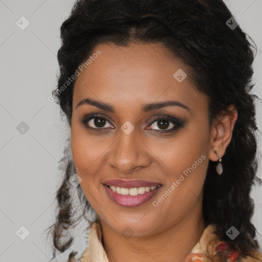 Joyful black young-adult female with medium  brown hair and brown eyes