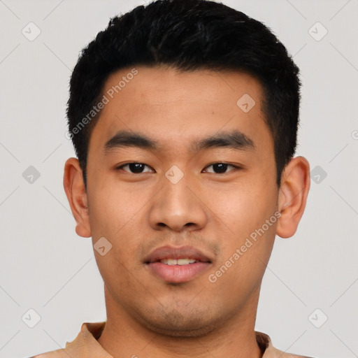 Neutral asian young-adult male with short  black hair and brown eyes