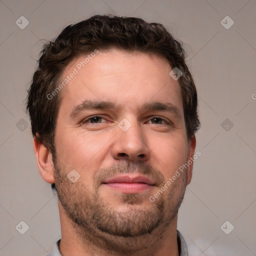 Neutral white young-adult male with short  brown hair and brown eyes