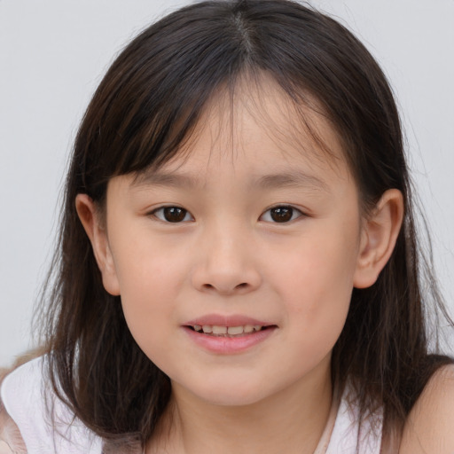 Joyful white child female with medium  brown hair and brown eyes