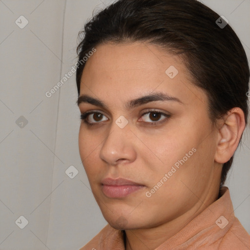 Neutral white young-adult female with short  brown hair and brown eyes