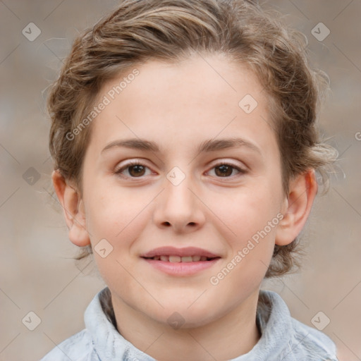 Joyful white child female with medium  brown hair and brown eyes