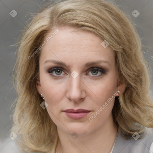 Joyful white young-adult female with medium  brown hair and blue eyes