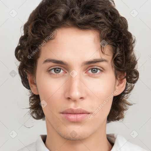 Neutral white young-adult female with medium  brown hair and green eyes