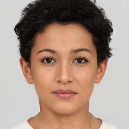 Neutral latino young-adult female with short  brown hair and brown eyes