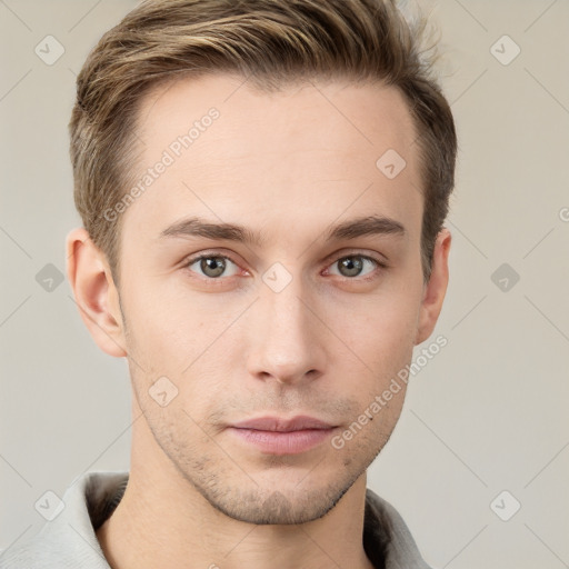 Neutral white young-adult male with short  brown hair and grey eyes