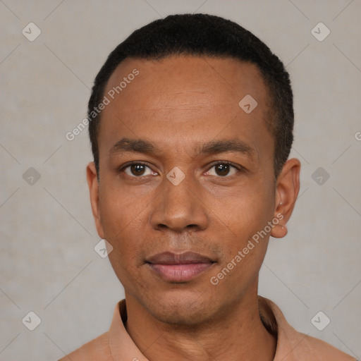 Neutral black young-adult male with short  black hair and brown eyes