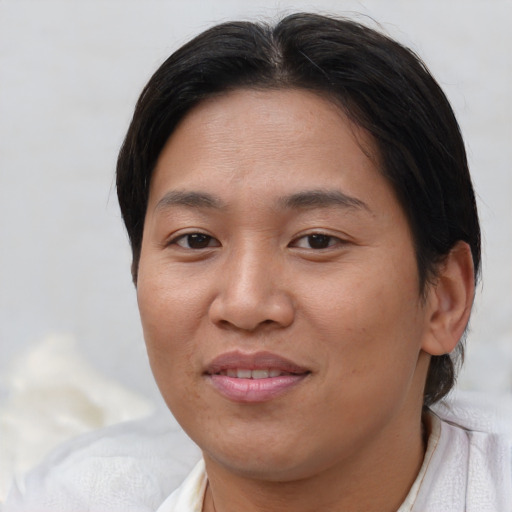 Joyful asian young-adult female with short  brown hair and brown eyes