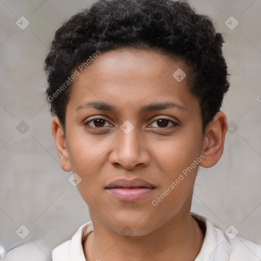 Joyful black young-adult female with short  brown hair and brown eyes