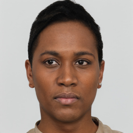 Neutral black young-adult female with short  black hair and brown eyes