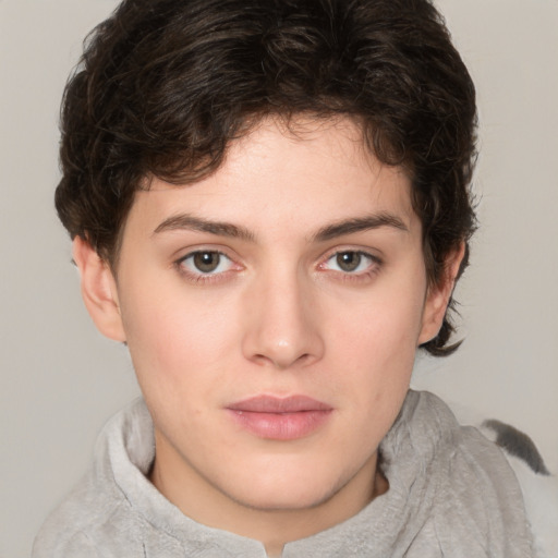 Neutral white young-adult female with short  brown hair and brown eyes