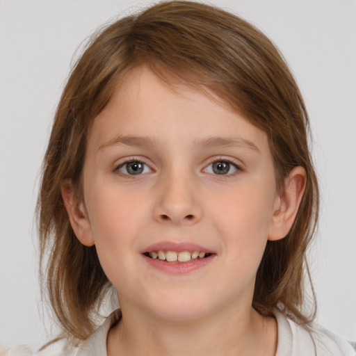 Joyful white child female with medium  brown hair and blue eyes