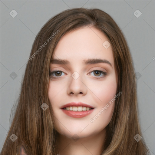 Neutral white young-adult female with long  brown hair and brown eyes