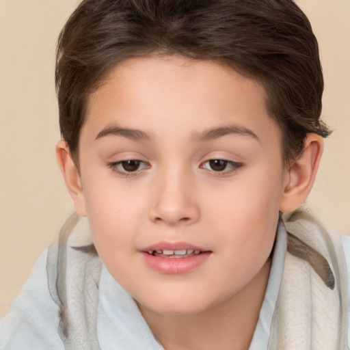 Joyful white child female with short  brown hair and brown eyes