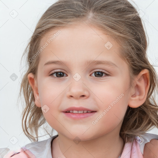 Joyful white child female with medium  brown hair and blue eyes