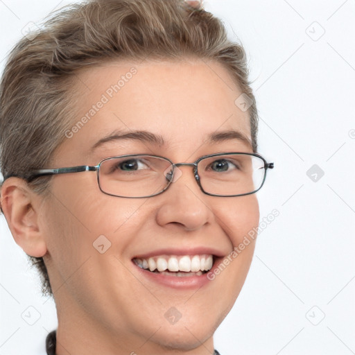 Joyful white adult female with short  brown hair and brown eyes