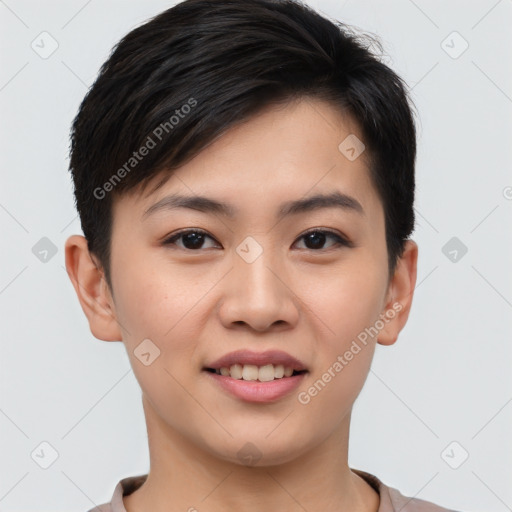 Joyful asian young-adult female with short  brown hair and brown eyes