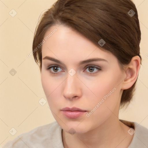 Neutral white young-adult female with medium  brown hair and brown eyes