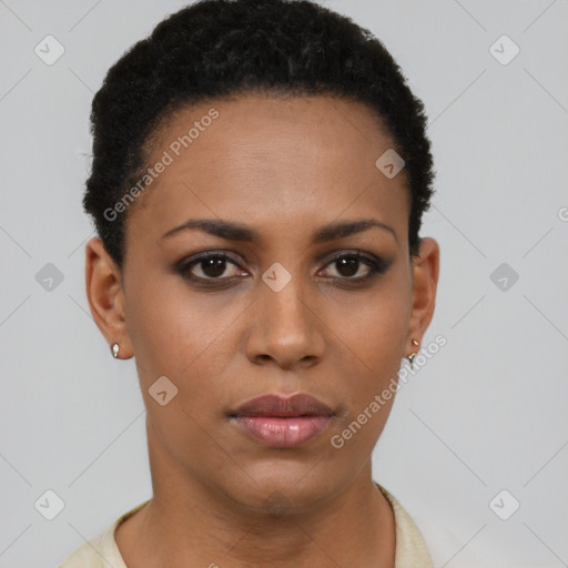 Neutral black young-adult female with short  brown hair and brown eyes