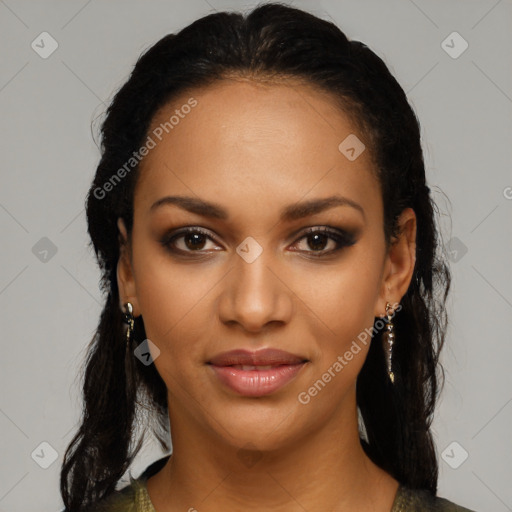 Joyful latino young-adult female with medium  black hair and brown eyes