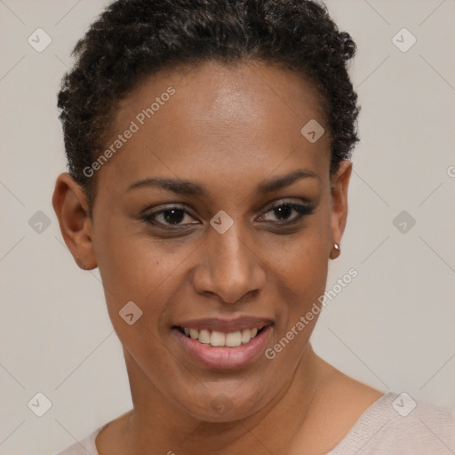 Joyful black young-adult female with short  brown hair and brown eyes