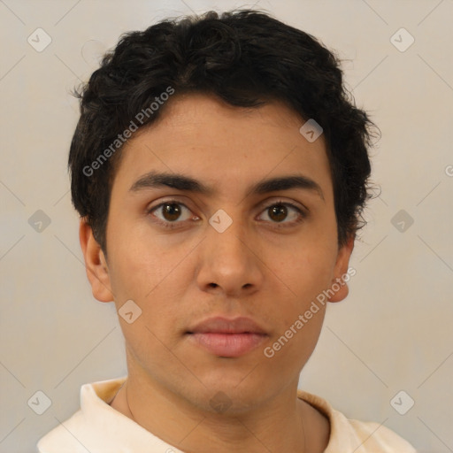 Neutral latino young-adult male with short  brown hair and brown eyes