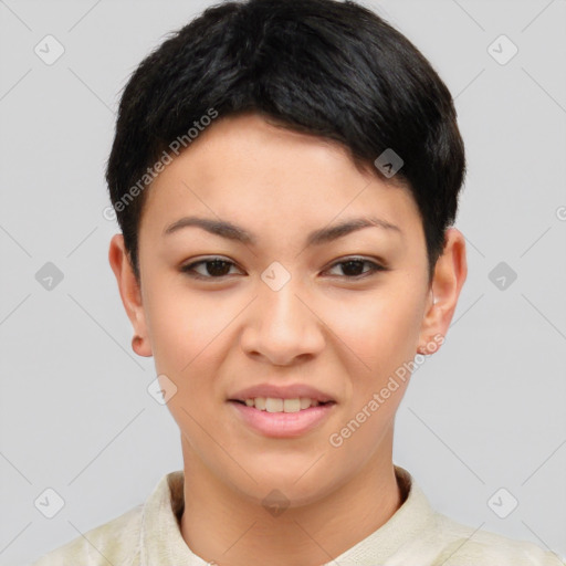 Joyful asian young-adult female with short  brown hair and brown eyes