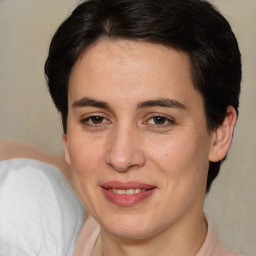 Joyful white adult female with medium  brown hair and brown eyes