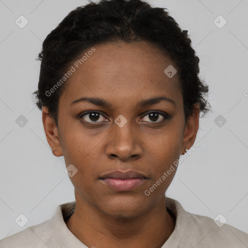 Neutral black young-adult female with short  black hair and brown eyes