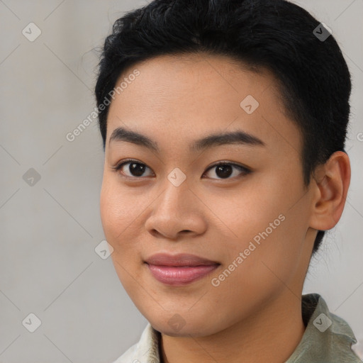 Joyful asian young-adult female with short  black hair and brown eyes