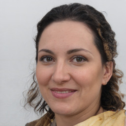 Joyful white adult female with medium  brown hair and brown eyes